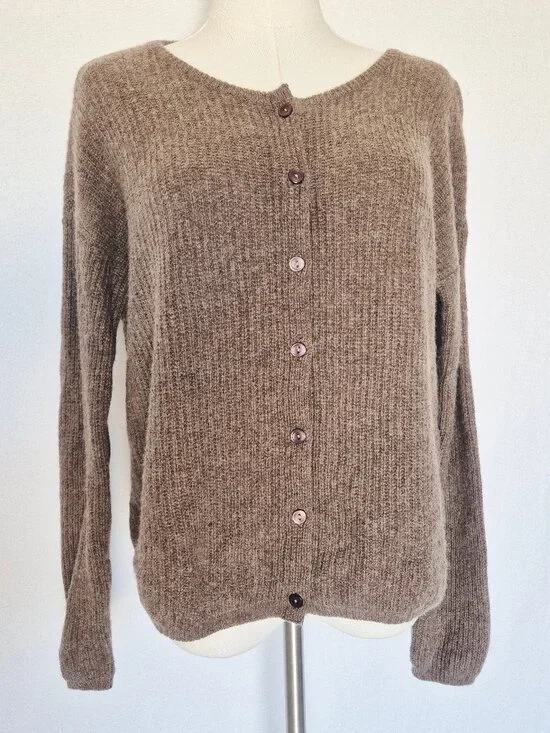 Quince 100% Yak Soft Rib Crew Cardigan Button-Front Heather Brown - Picture 2 of 13